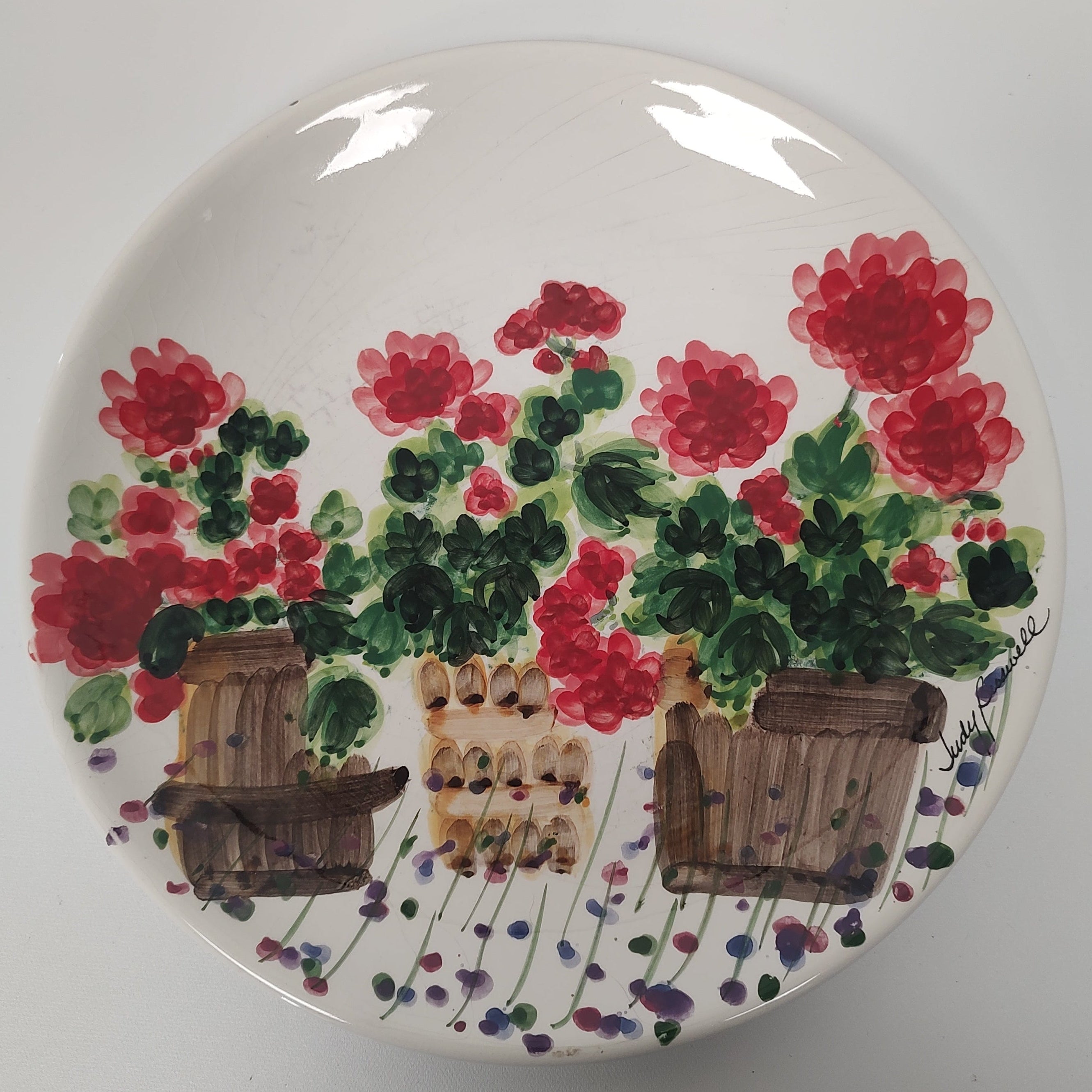 Red Geranium Hand Pained Plate | Judy Buswell