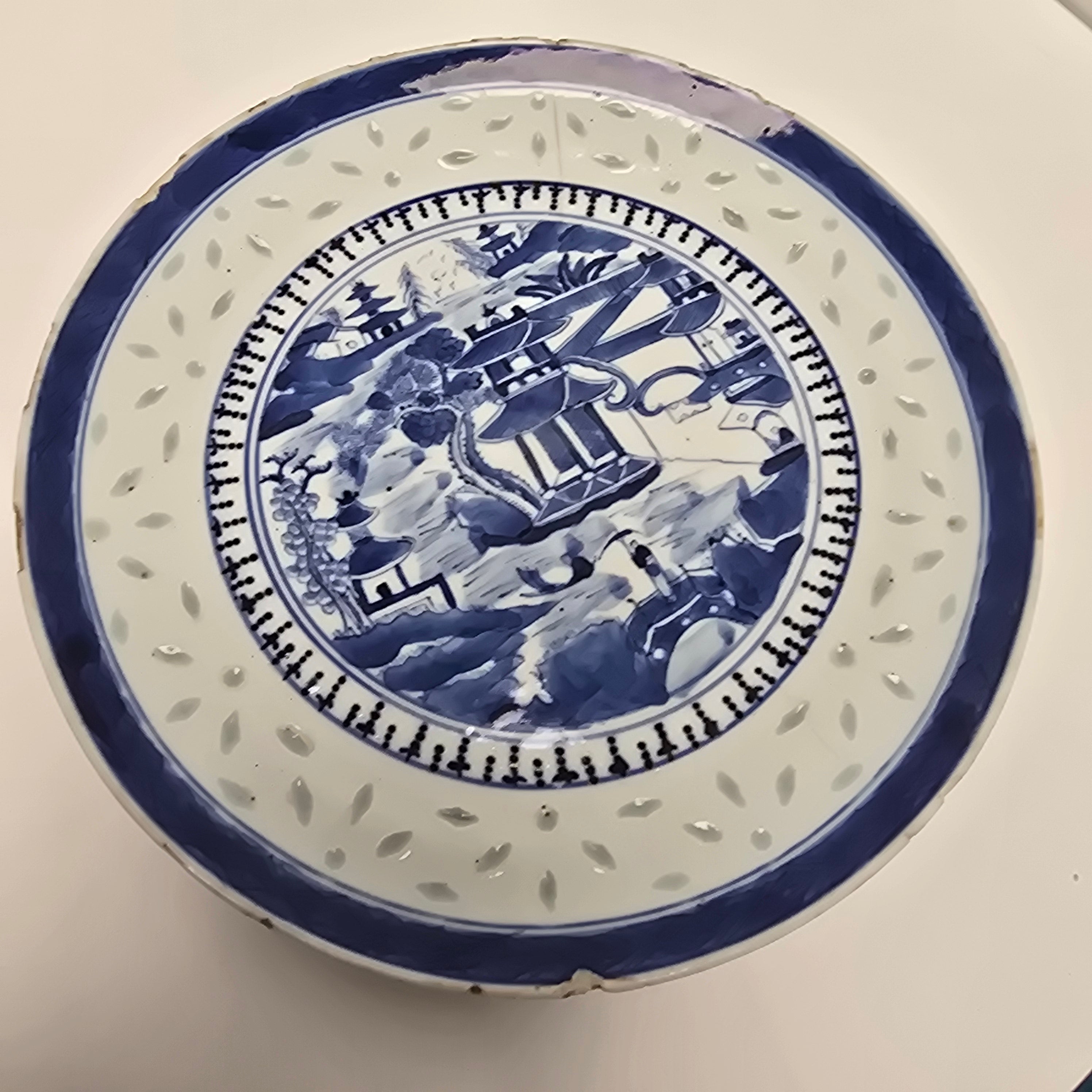 19th Century Chinese Blue and White Porcelain Plate with Landscape Scene (set of 4)