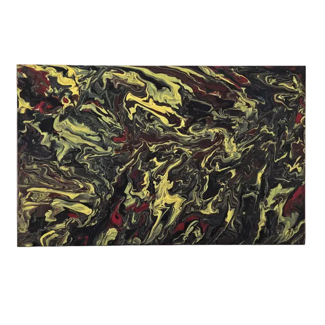 An abstract rectangular artwork with swirling marbled patterns in black, olive green, yellow, and red, centered on a plain white background.