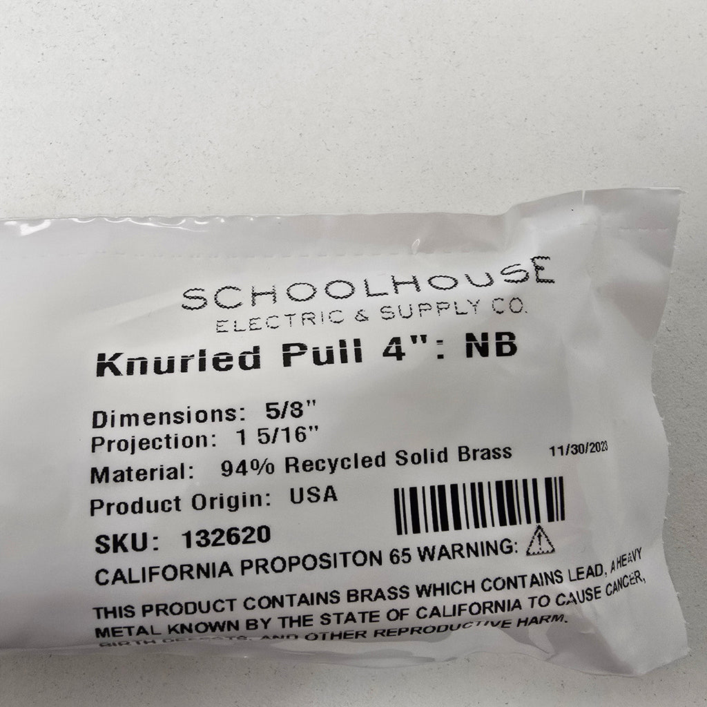 Schoolhouse Solid Brass Knurled Drawer Pull 4" NB (132620)