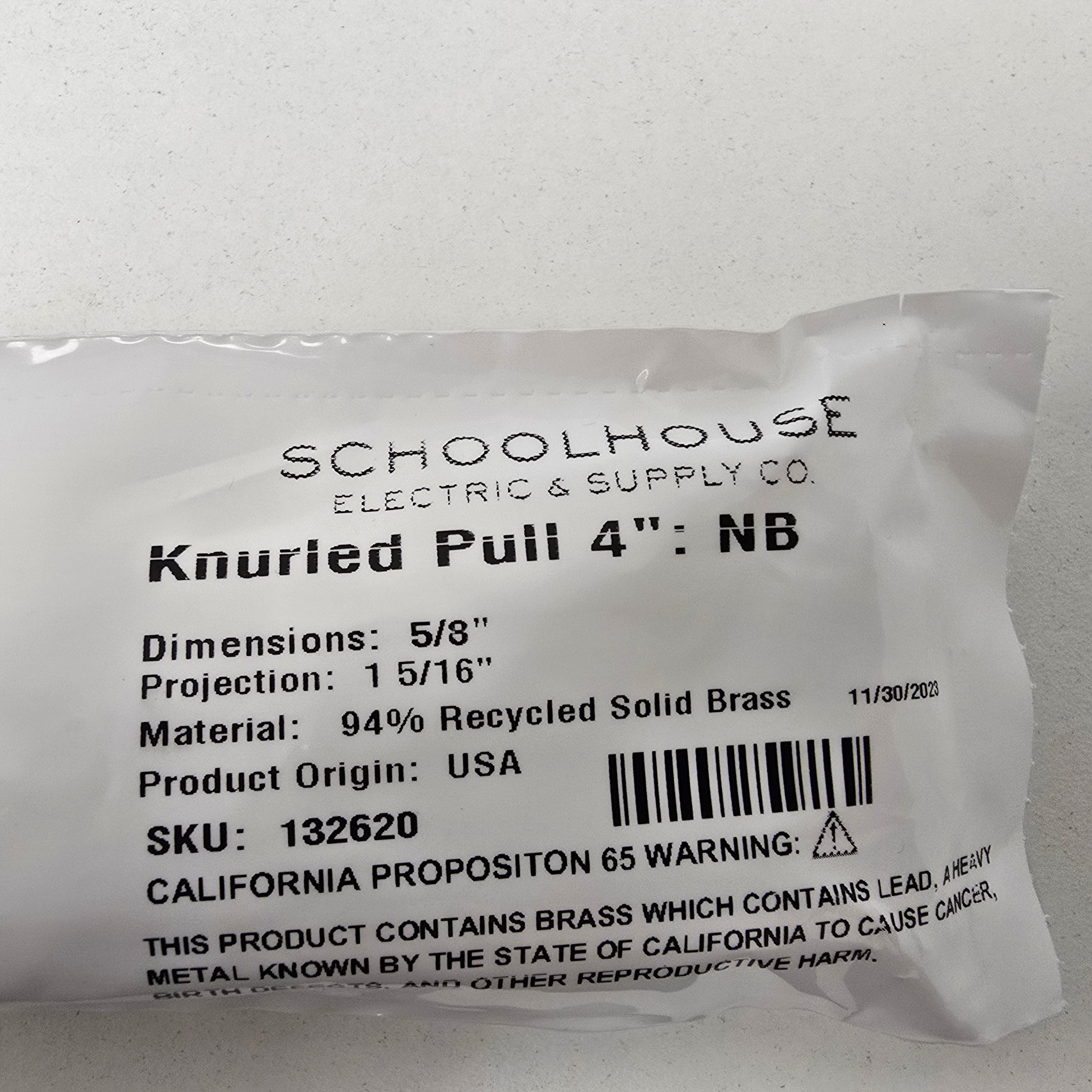 Schoolhouse Solid Brass Knurled Drawer Pull 4" NB (132620)