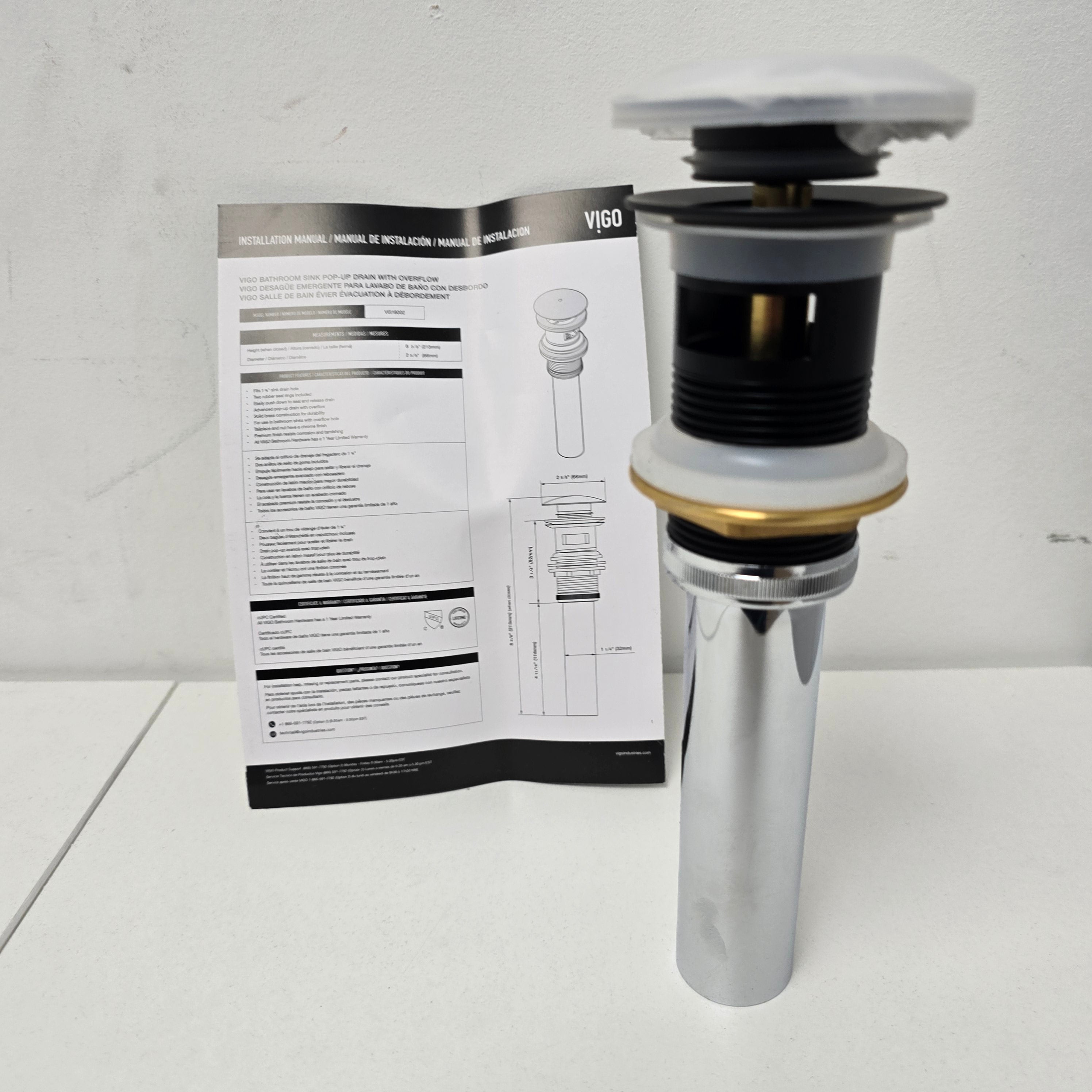 Vigo Bathroom Sink Pop Up Drain With Overflow (VG16002MB)