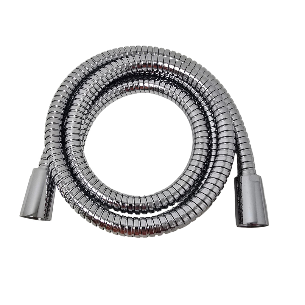 A coiled chrome shower hose with metal wall-mount connectors, photographed on a plain light background.