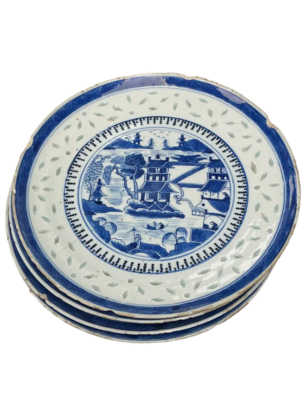 19th Century Chinese Blue and White Porcelain Plate with Landscape Scene (set of 4)