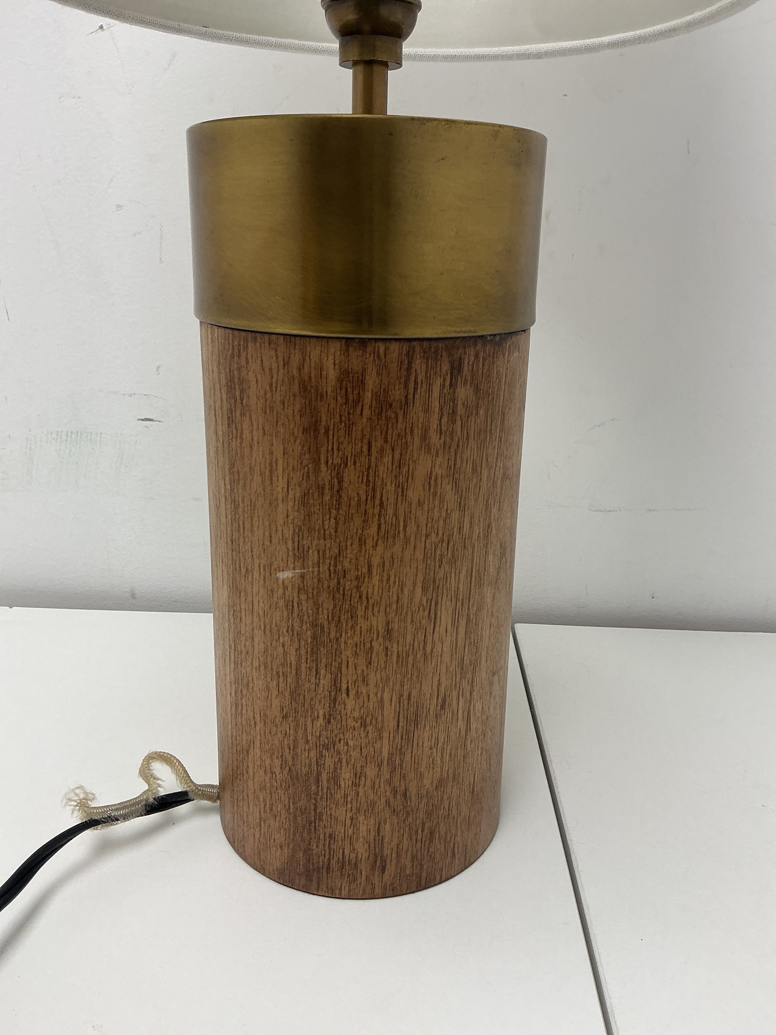 Wood and Brass Table Lamp with Linen Shade