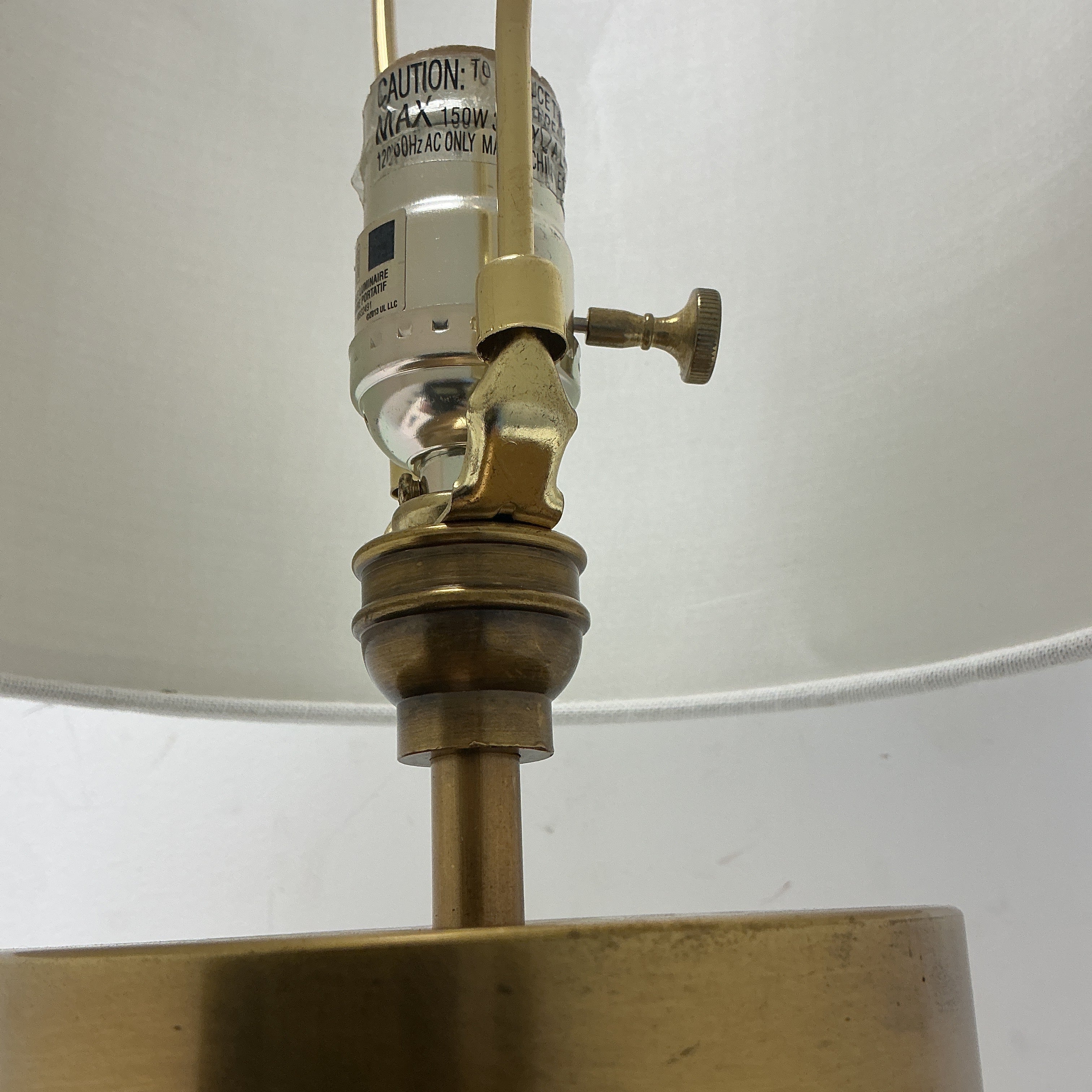 Wood and Brass Table Lamp with Linen Shade