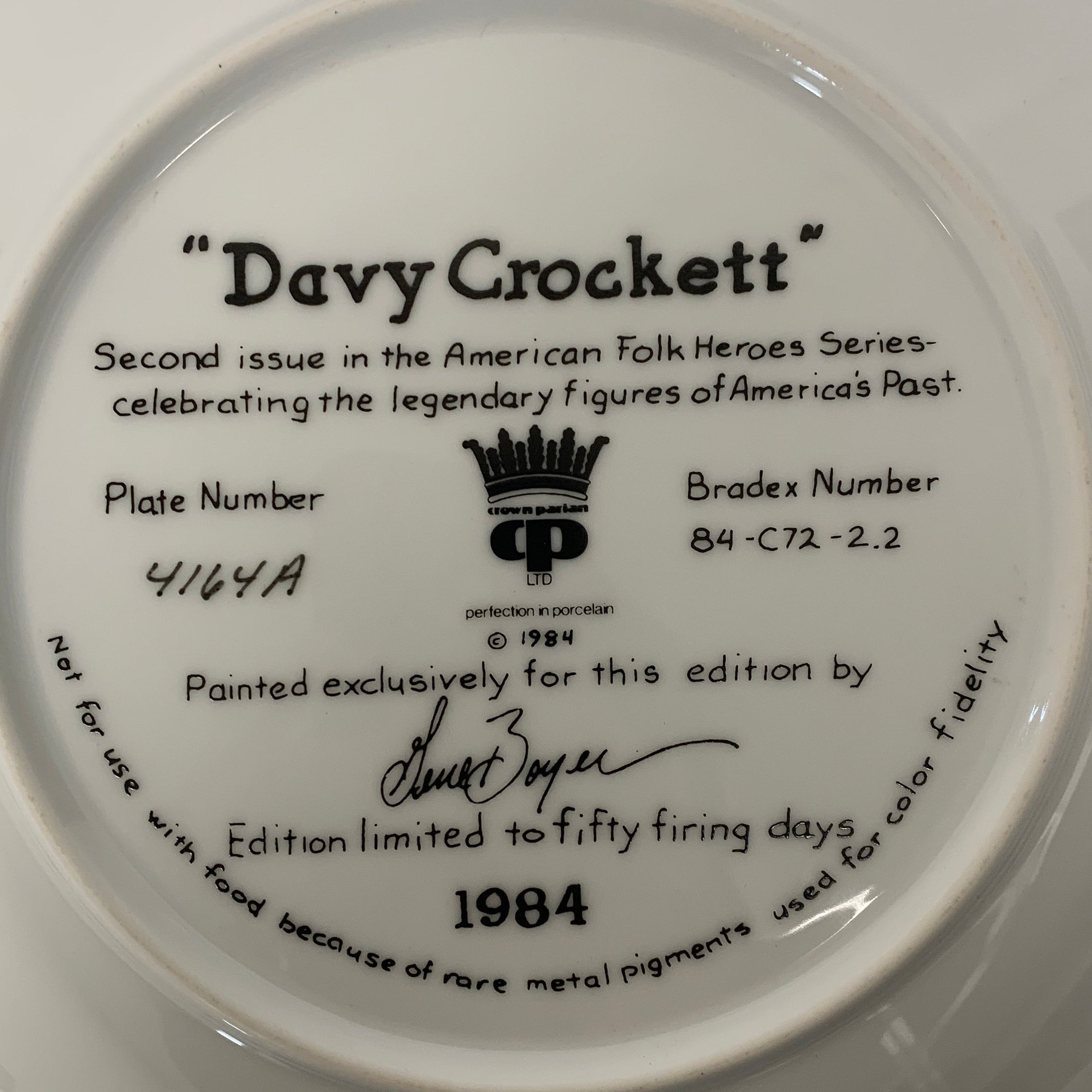 1984 Davy Crockett Collectors Plate American Folk Hero