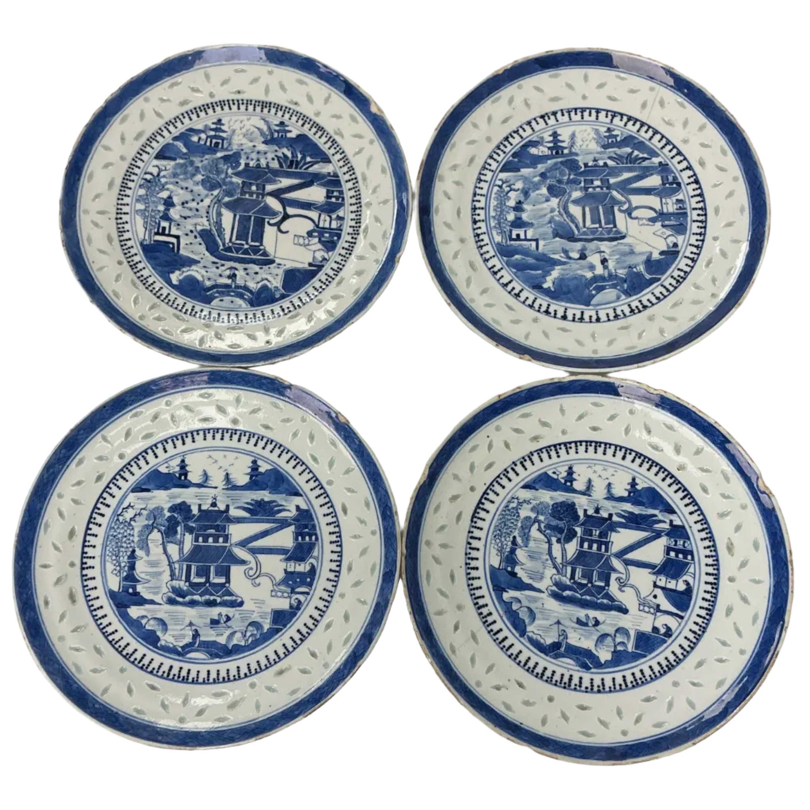 19th Century Chinese Blue and White Porcelain Plate with Landscape Scene (set of 4)