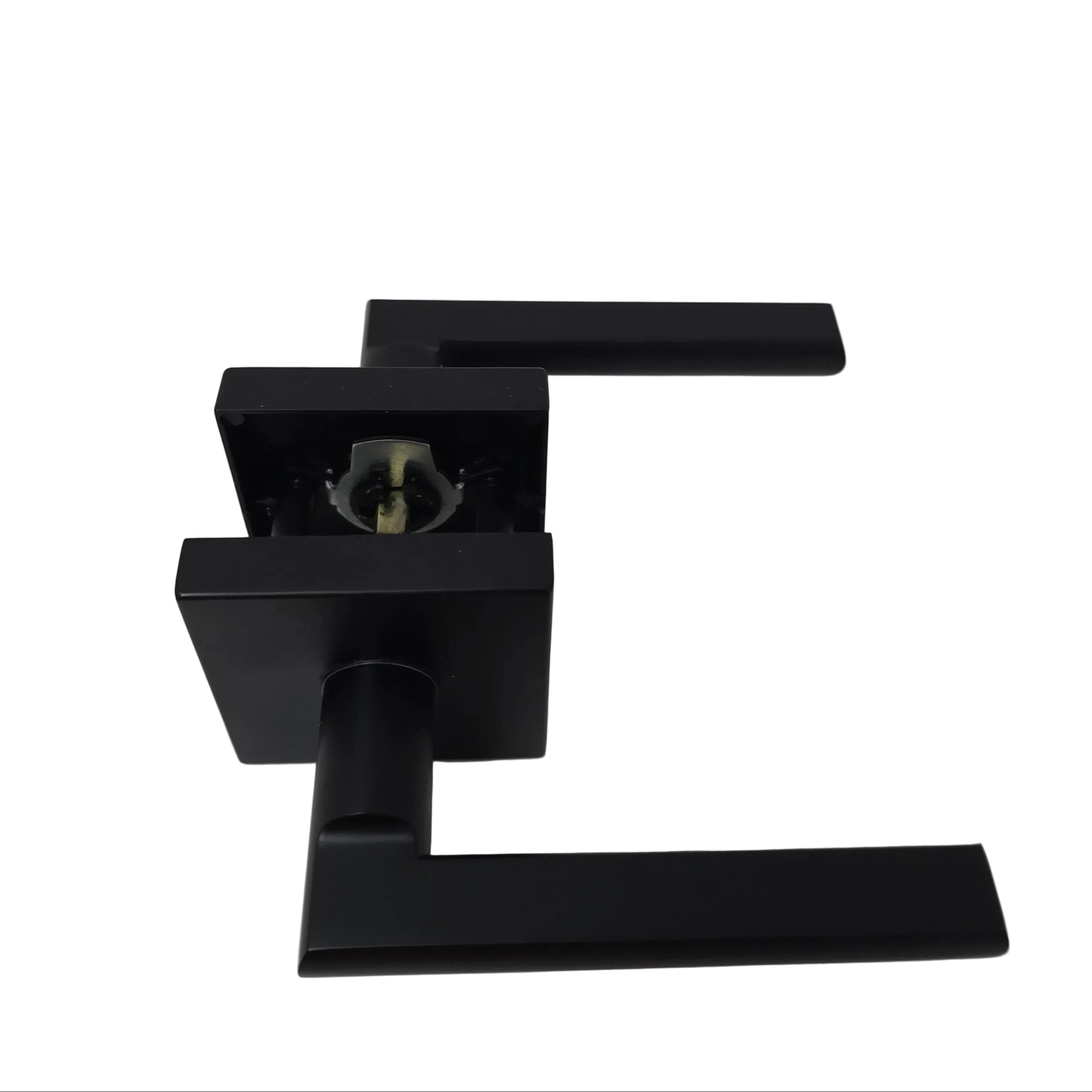 A matte black lever-style door handle set mounted on a white door, shown from a slight angle to reveal the lock cylinder mechanism.