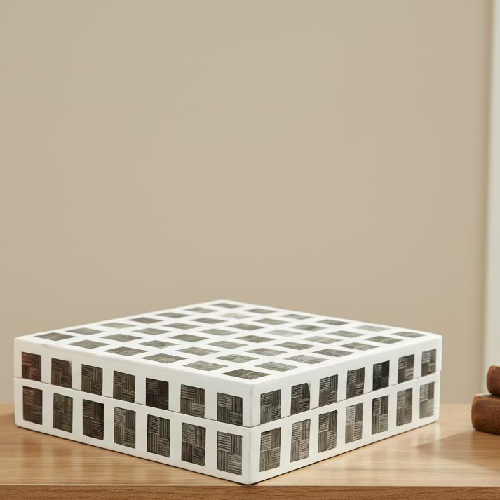 Farm and Garden - Decorative White Horn Checkered Trinket Box - Large