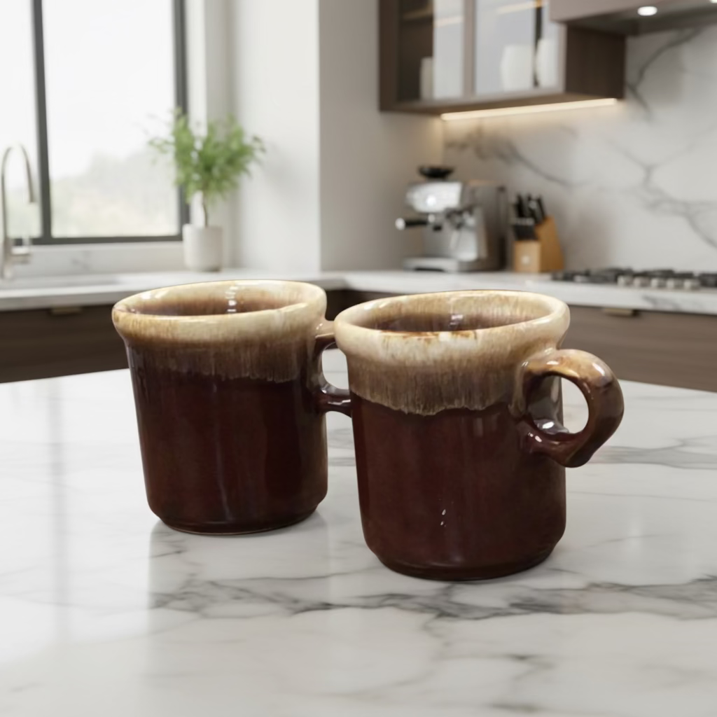 Set of 2 Vintage McCoy Pottery Brown Drip Glaze Coffee Mugs