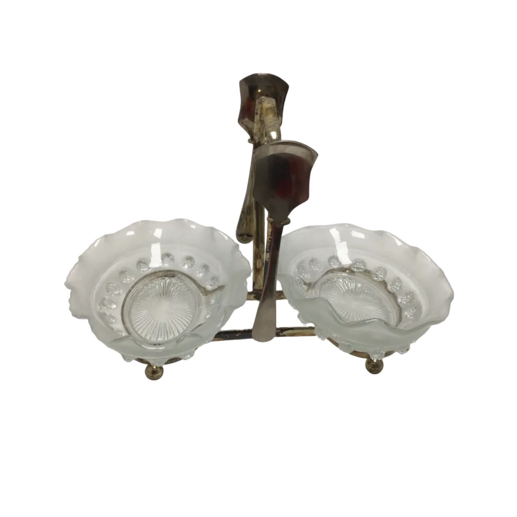 Vintage Glass Double Relish Dish with Silver Plated Spoons