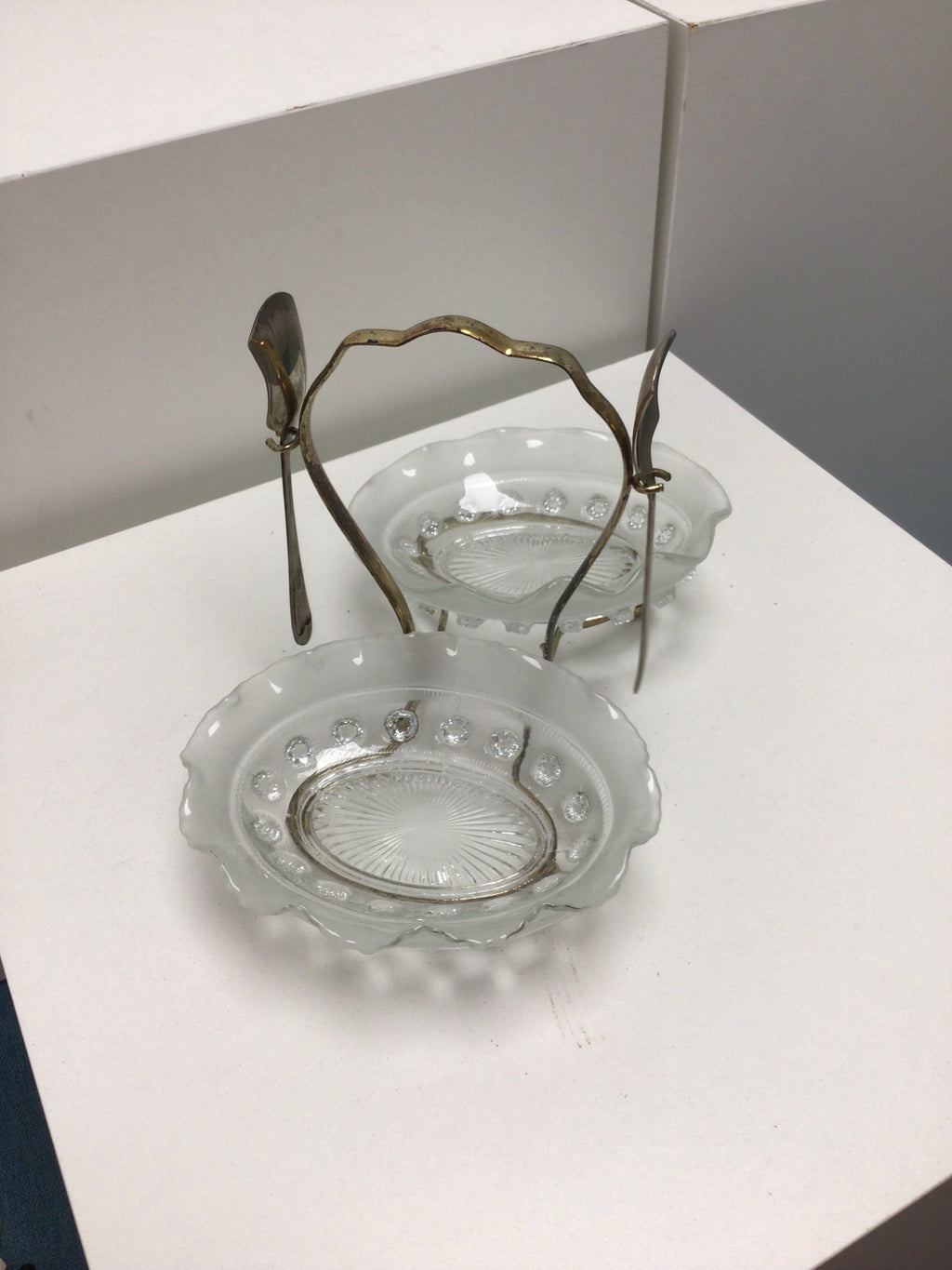 Vintage Glass Double Relish Dish with Silver Plated Spoons
