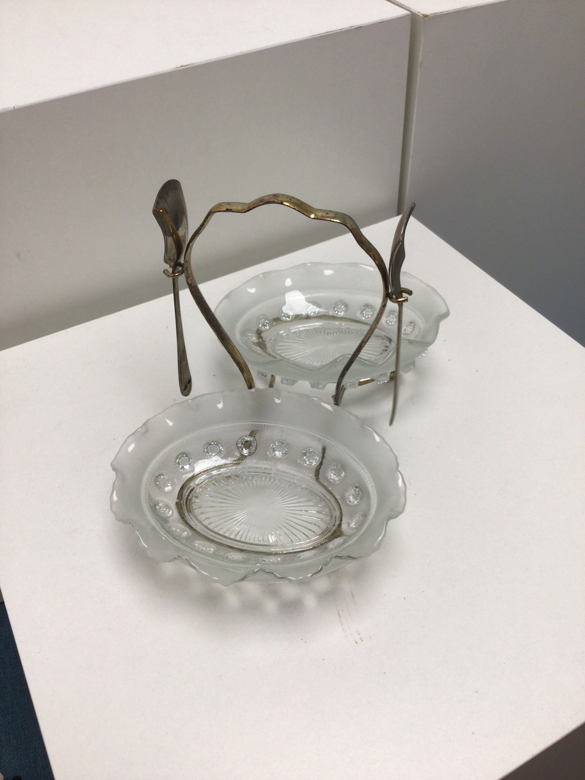 Vintage Glass Double Relish Dish with Silver Plated Spoons