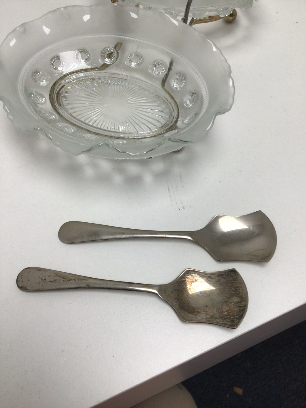 Vintage Glass Double Relish Dish with Silver Plated Spoons