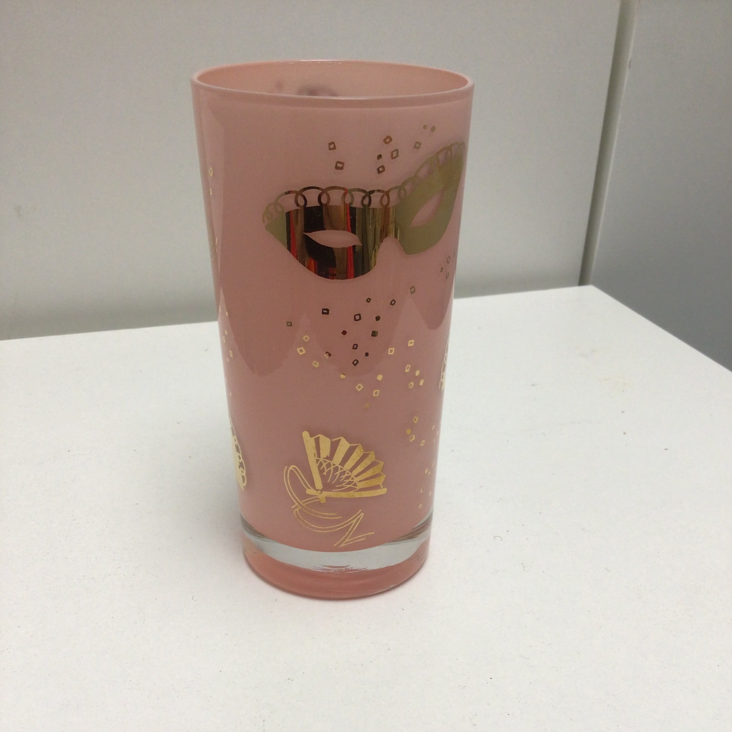 Vintage Pink Drinking Glasses with Gold Carnival Mask and Fan Design