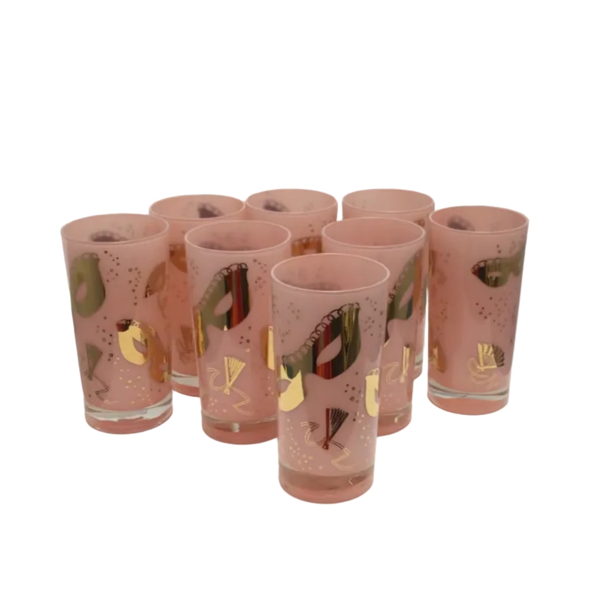 Vintage Pink Drinking Glasses with Gold Carnival Mask and Fan Design