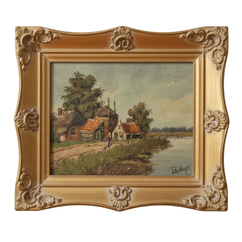 Painting of a Lakeside Village by Juth H.