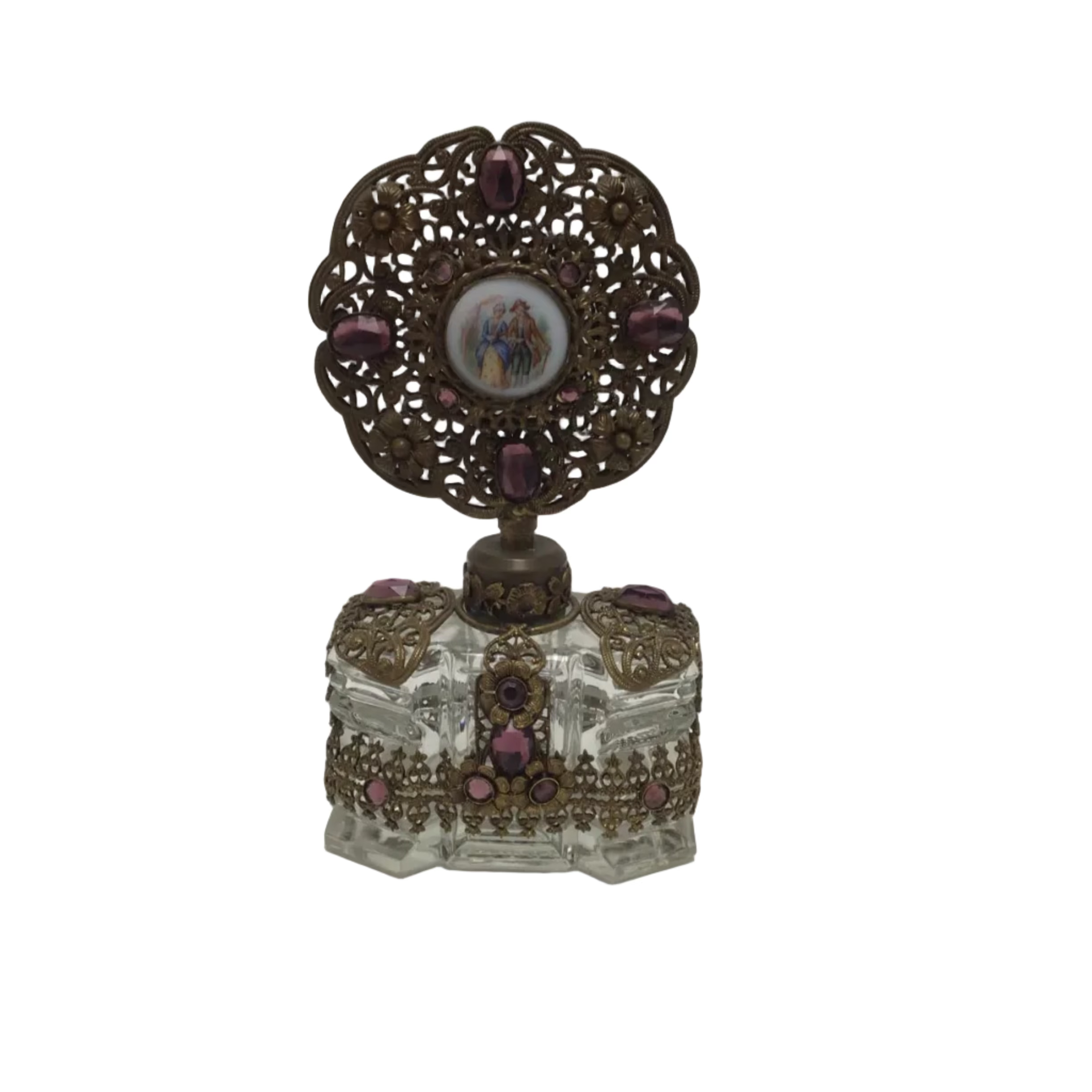 Antique Bohemian Jeweled Perfume Bottle with Enamel Portrait