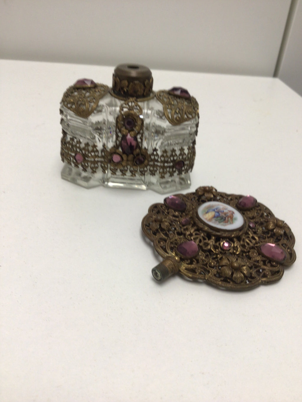 Antique Bohemian Jeweled Perfume Bottle with Enamel Portrait