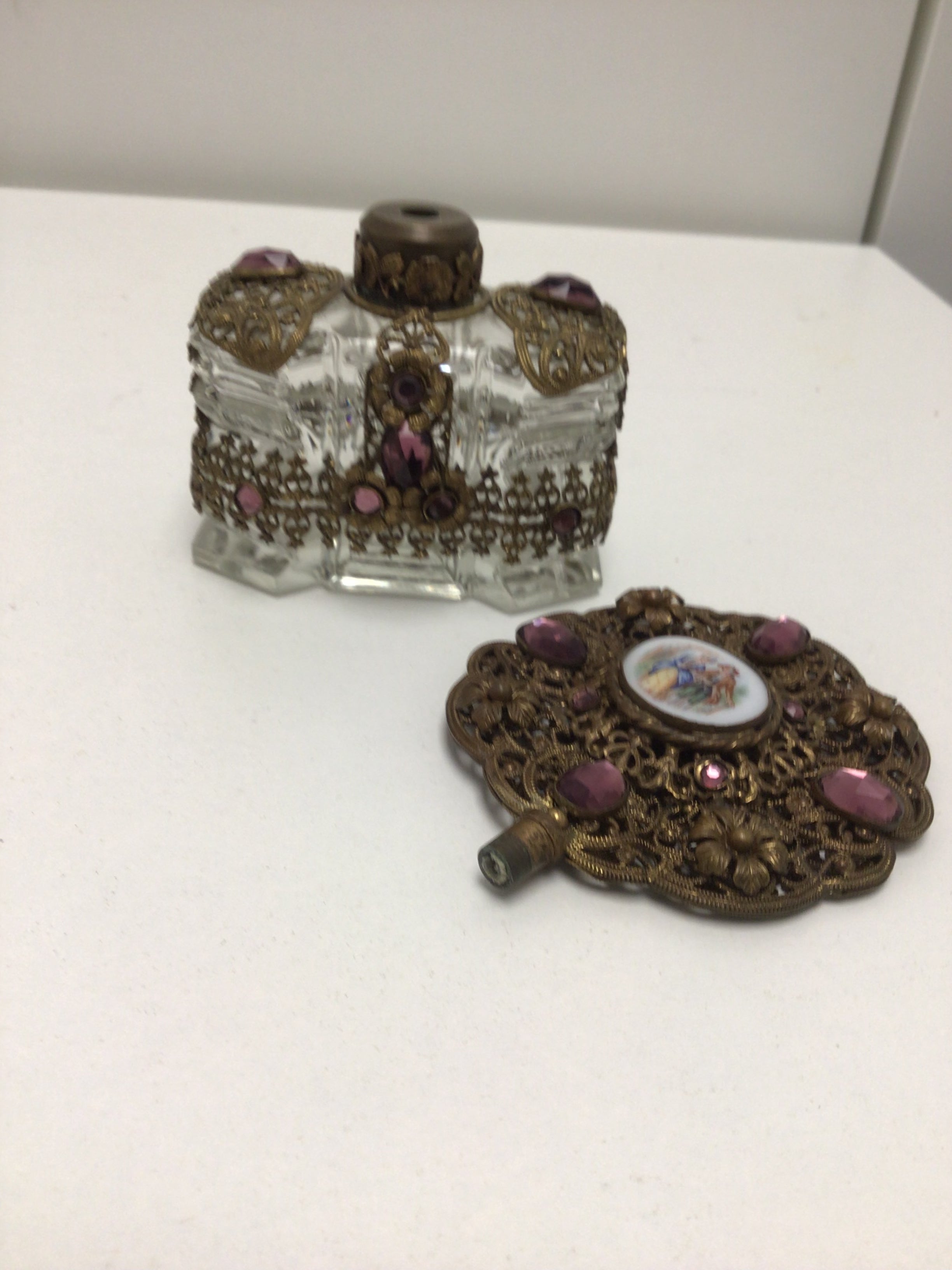 Antique Bohemian Jeweled Perfume Bottle with Enamel Portrait