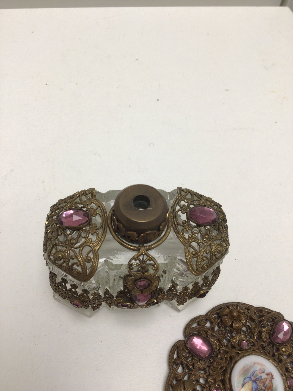 Antique Bohemian Jeweled Perfume Bottle with Enamel Portrait