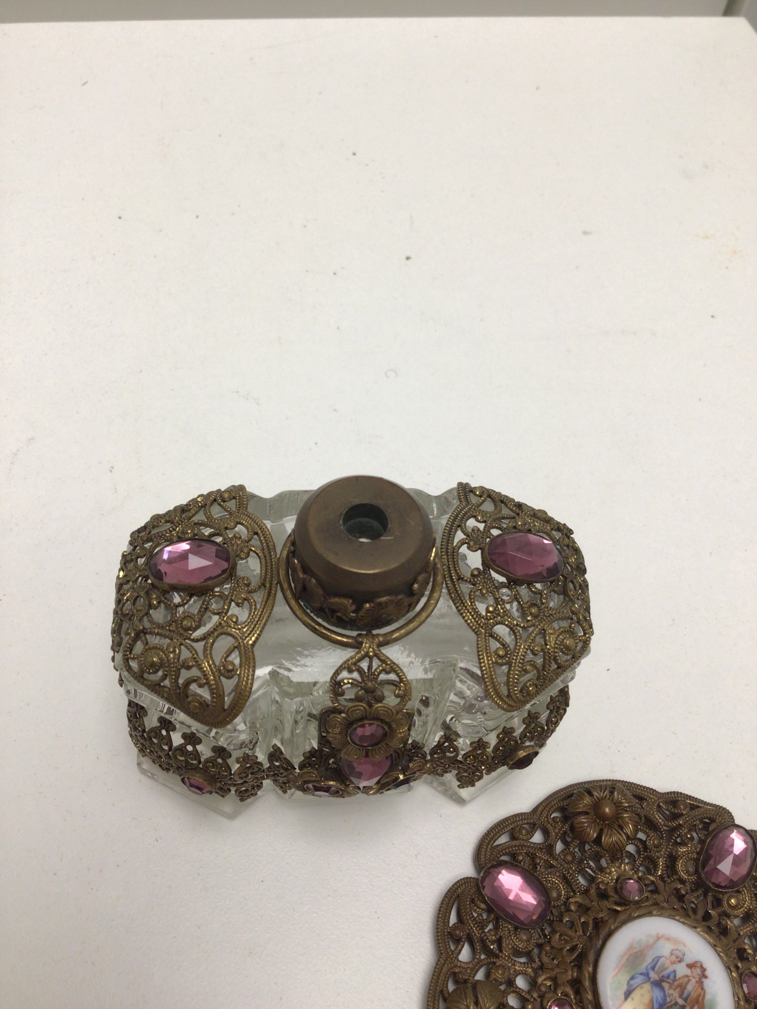 Antique Bohemian Jeweled Perfume Bottle with Enamel Portrait