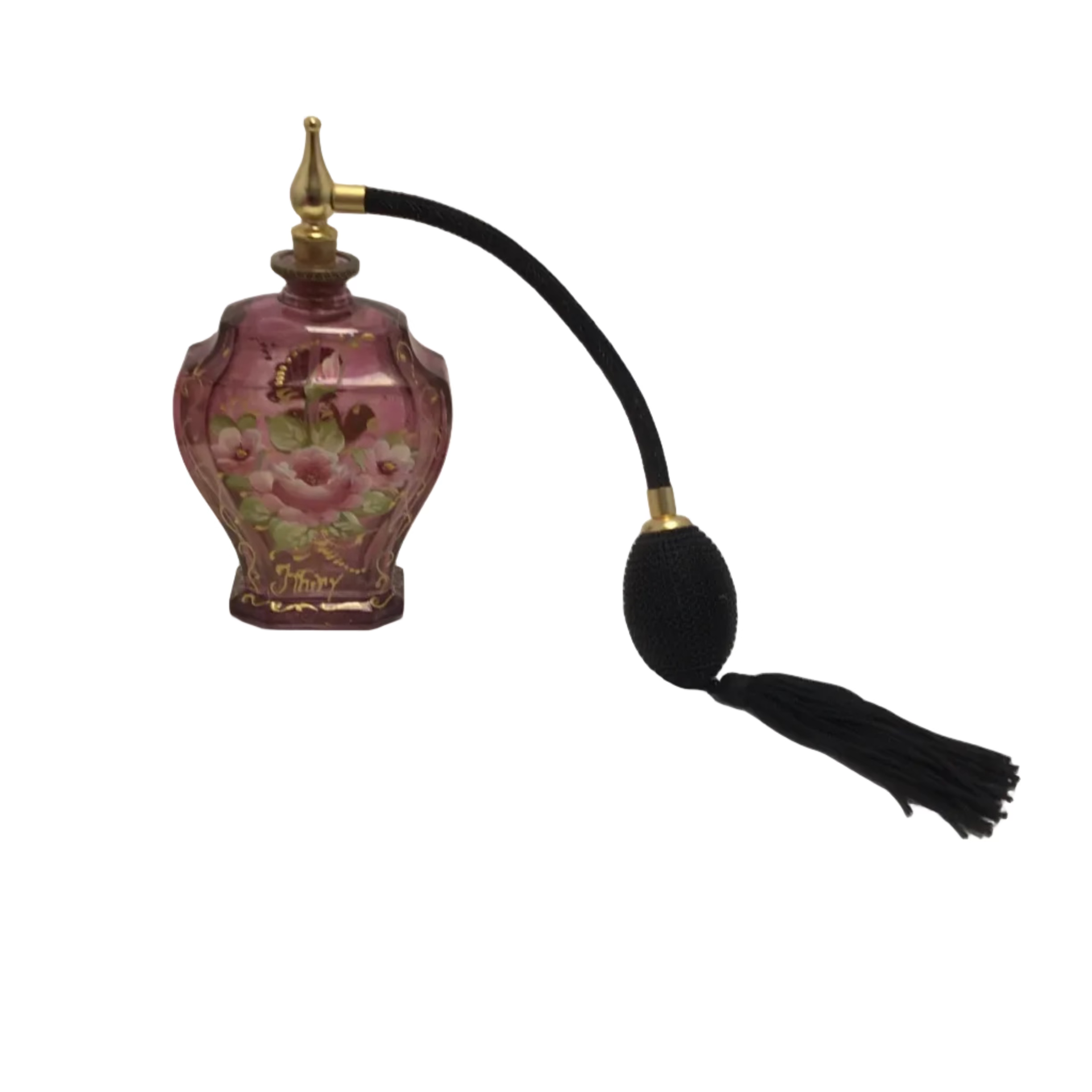Vintage Style Purple Glass Perfume Atomizer Bottle with Floral Design