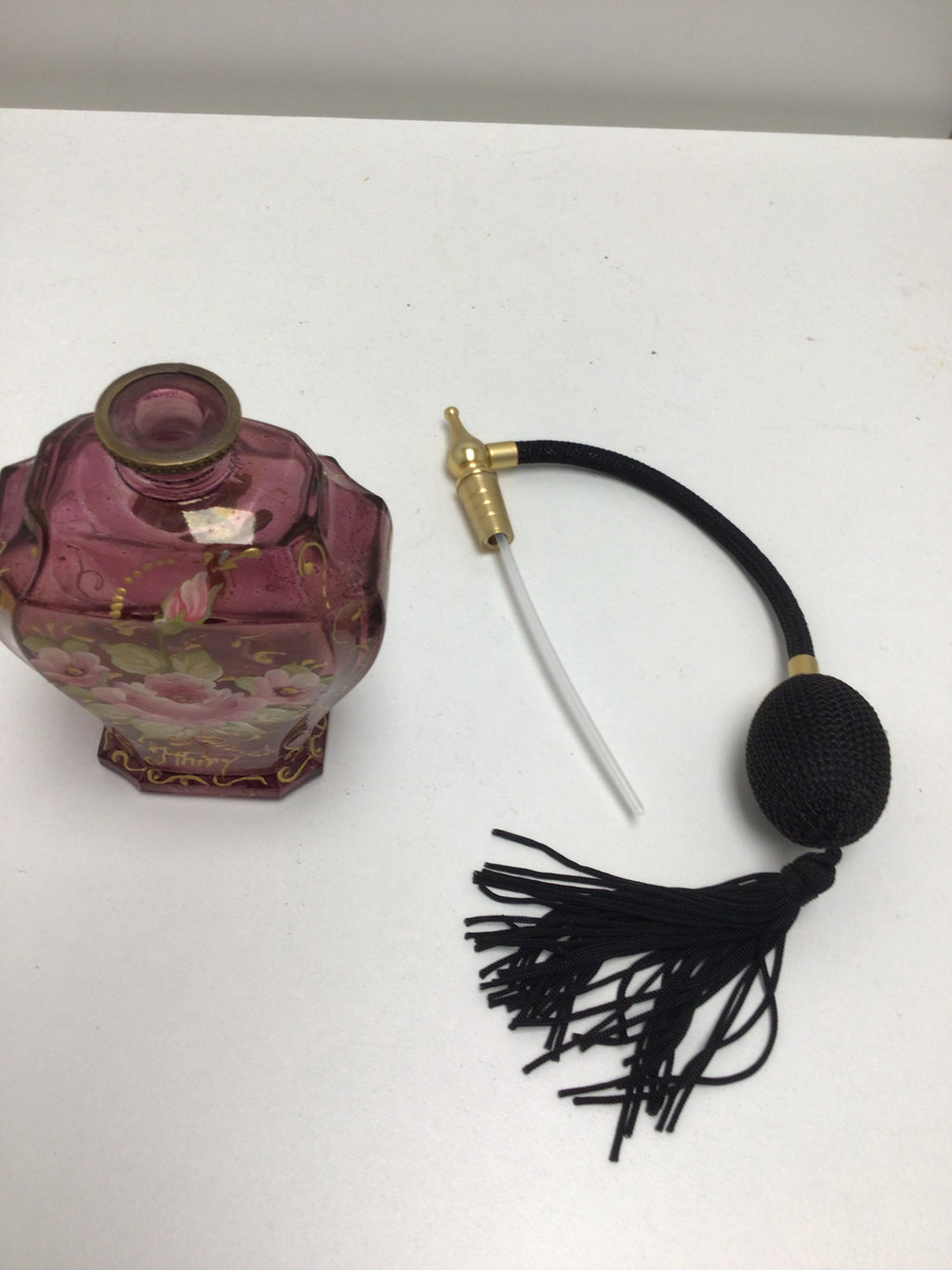 Vintage Style Purple Glass Perfume Atomizer Bottle with Floral Design