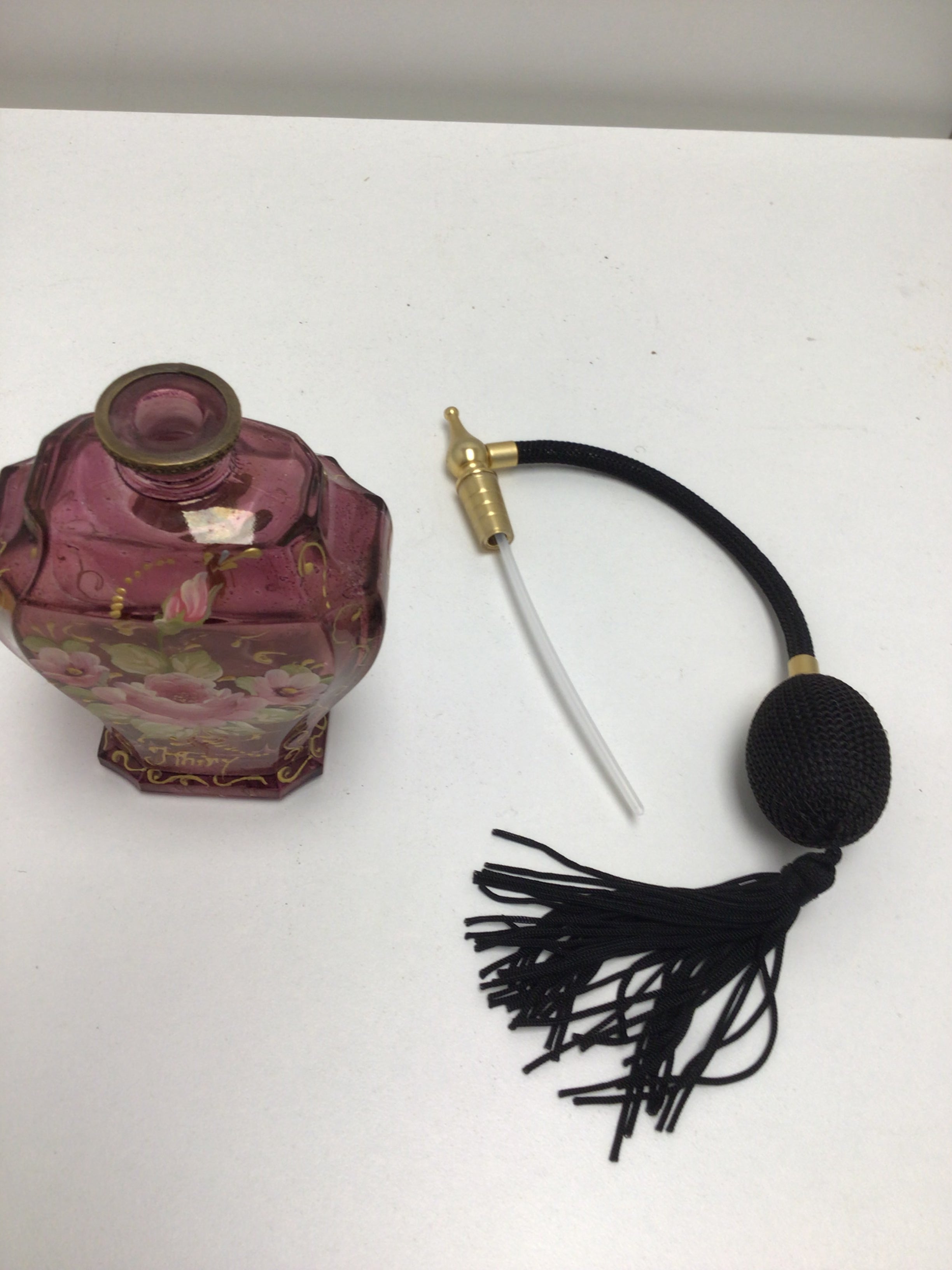 Vintage Style Purple Glass Perfume Atomizer Bottle with Floral Design