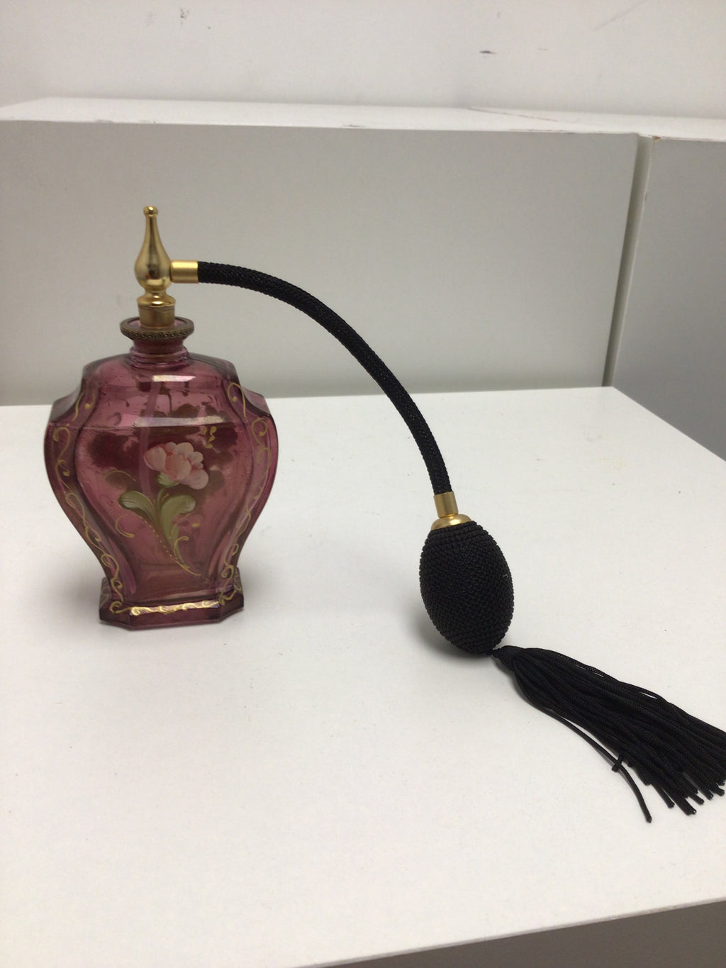 Vintage Style Purple Glass Perfume Atomizer Bottle with Floral Design