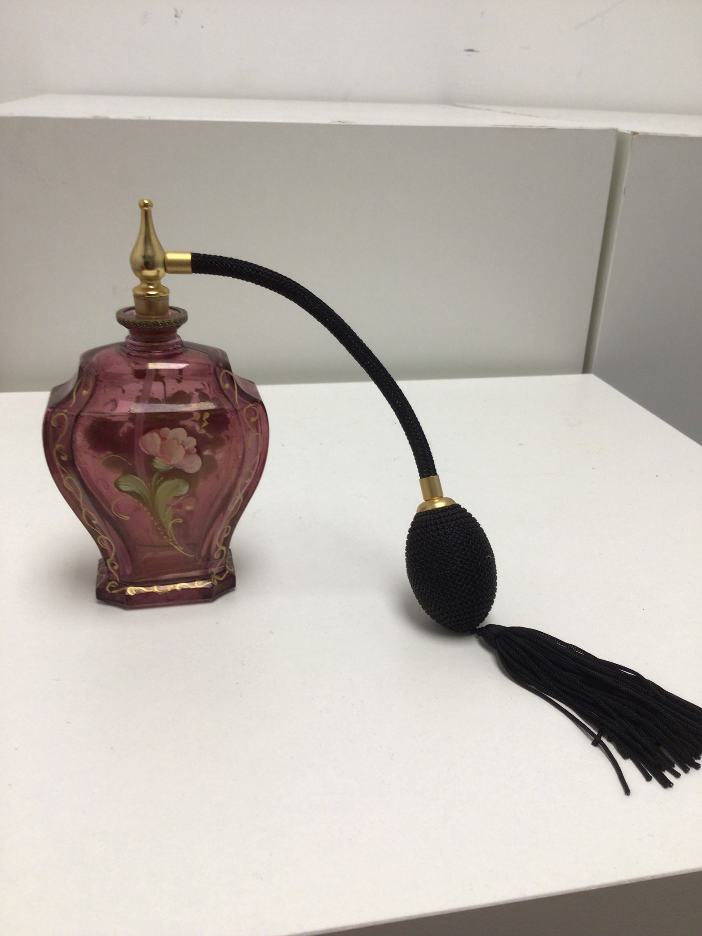 Vintage Style Purple Glass Perfume Atomizer Bottle with Floral Design