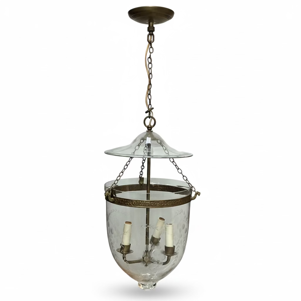 19th Century British Ceylonese Handblown Etched "Glow Lamp" Bell Jar Lantern