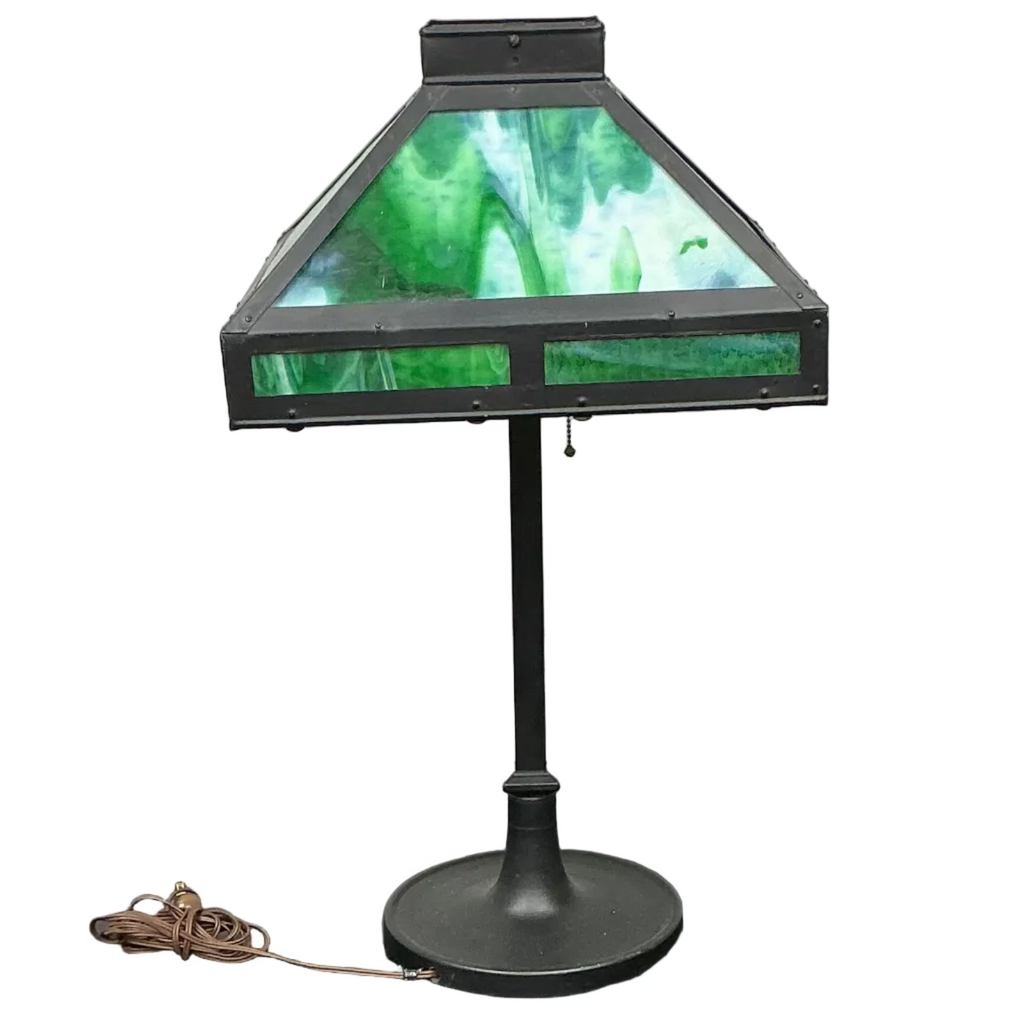 Arts&Crafts Mission Style Green Slag Glass Table Lamp