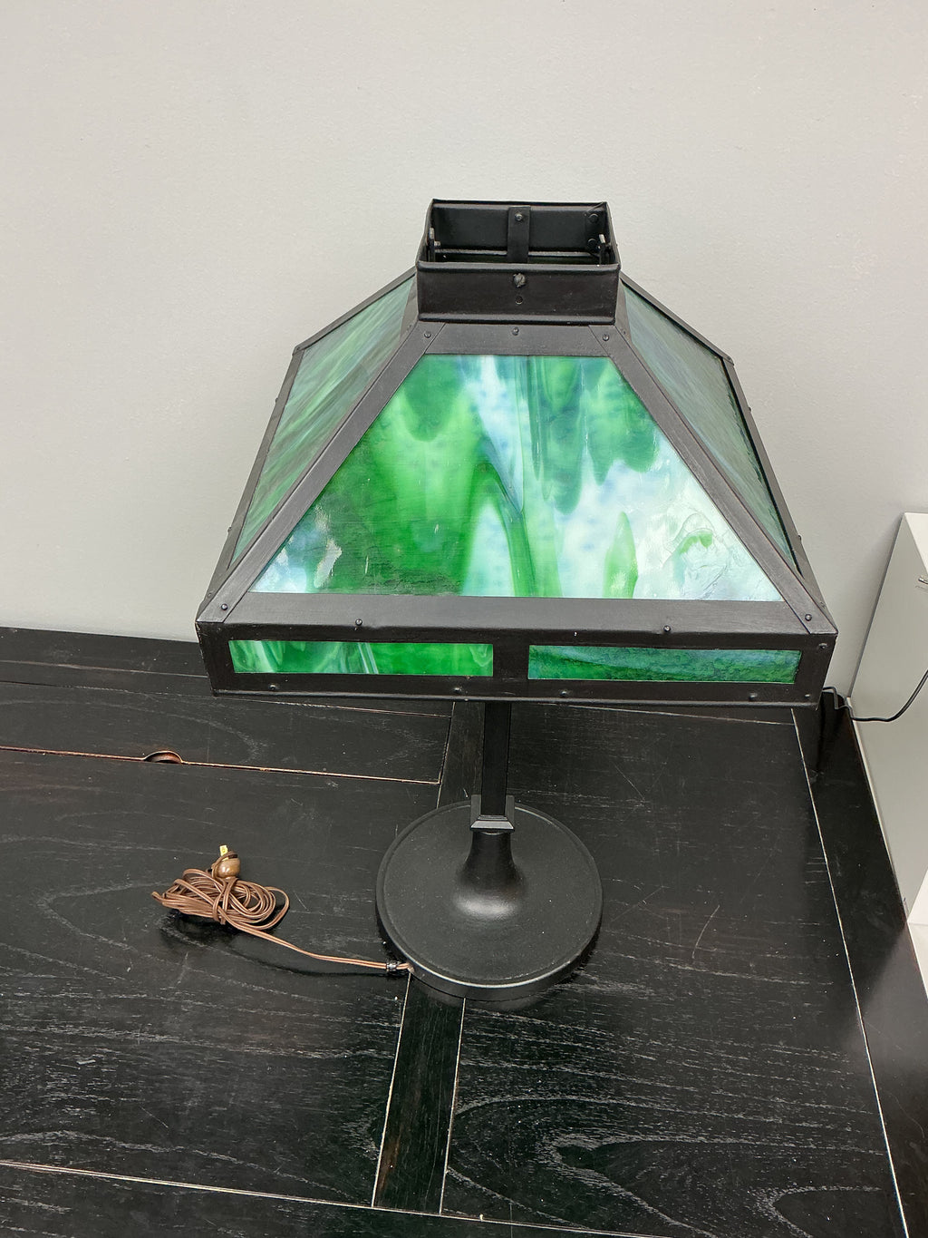 Arts&Crafts Mission Style Green Slag Glass Table Lamp