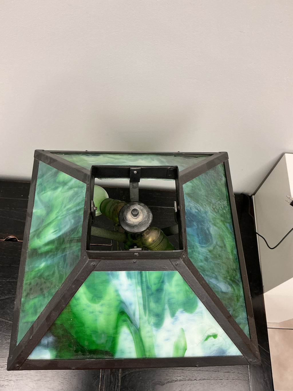 Arts&Crafts Mission Style Green Slag Glass Table Lamp