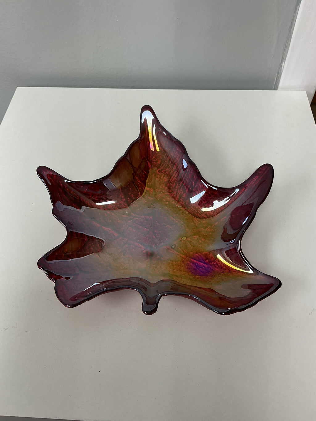 Vintage Iridescent Red Glass Maple Leaf Shaped Plate