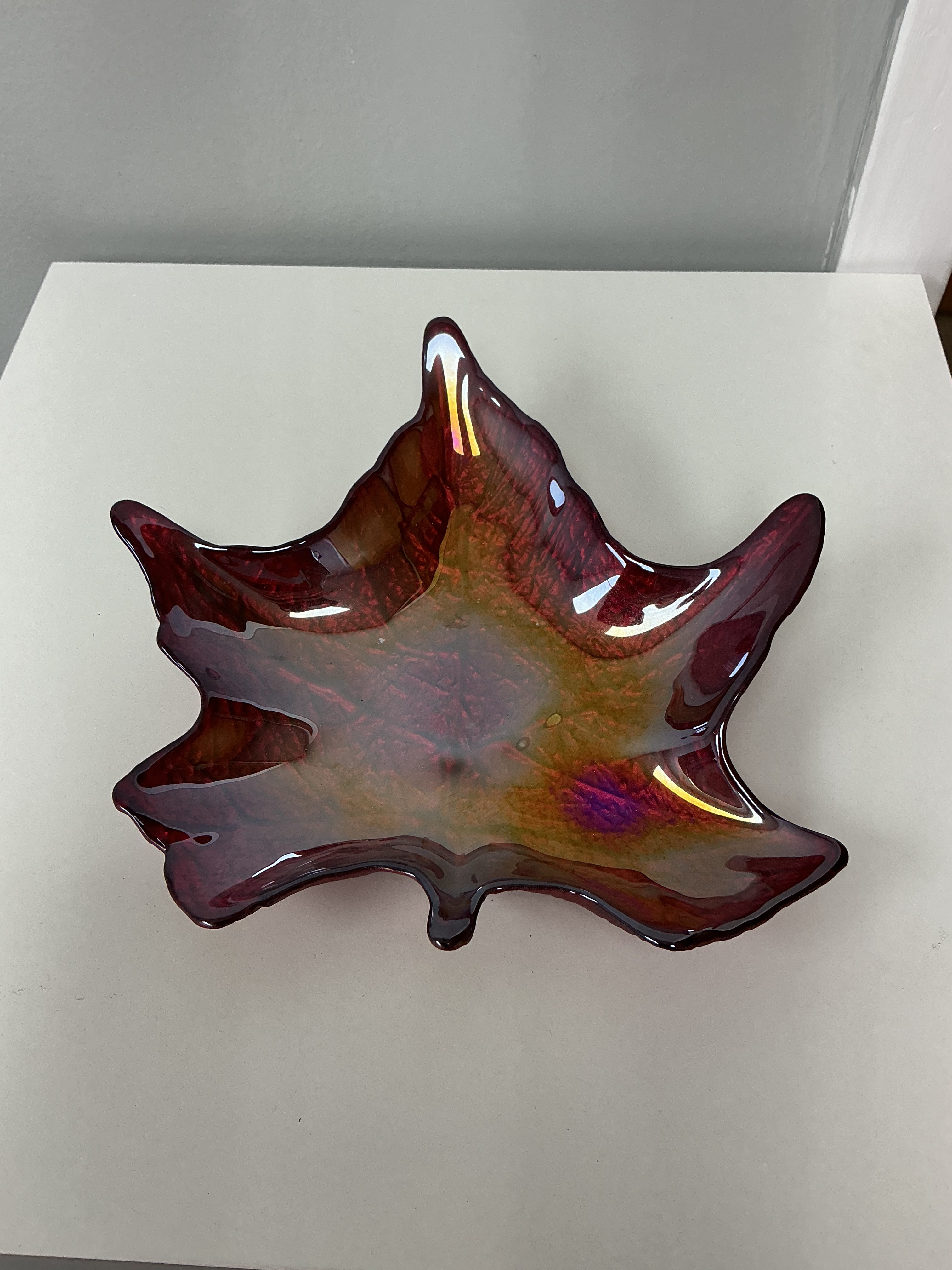 Vintage Iridescent Red Glass Maple Leaf Shaped Plate