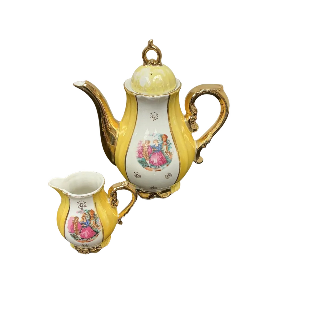 Vintage Bavaria-Style Porcelain Tea pot & Creamer with Gold Trim