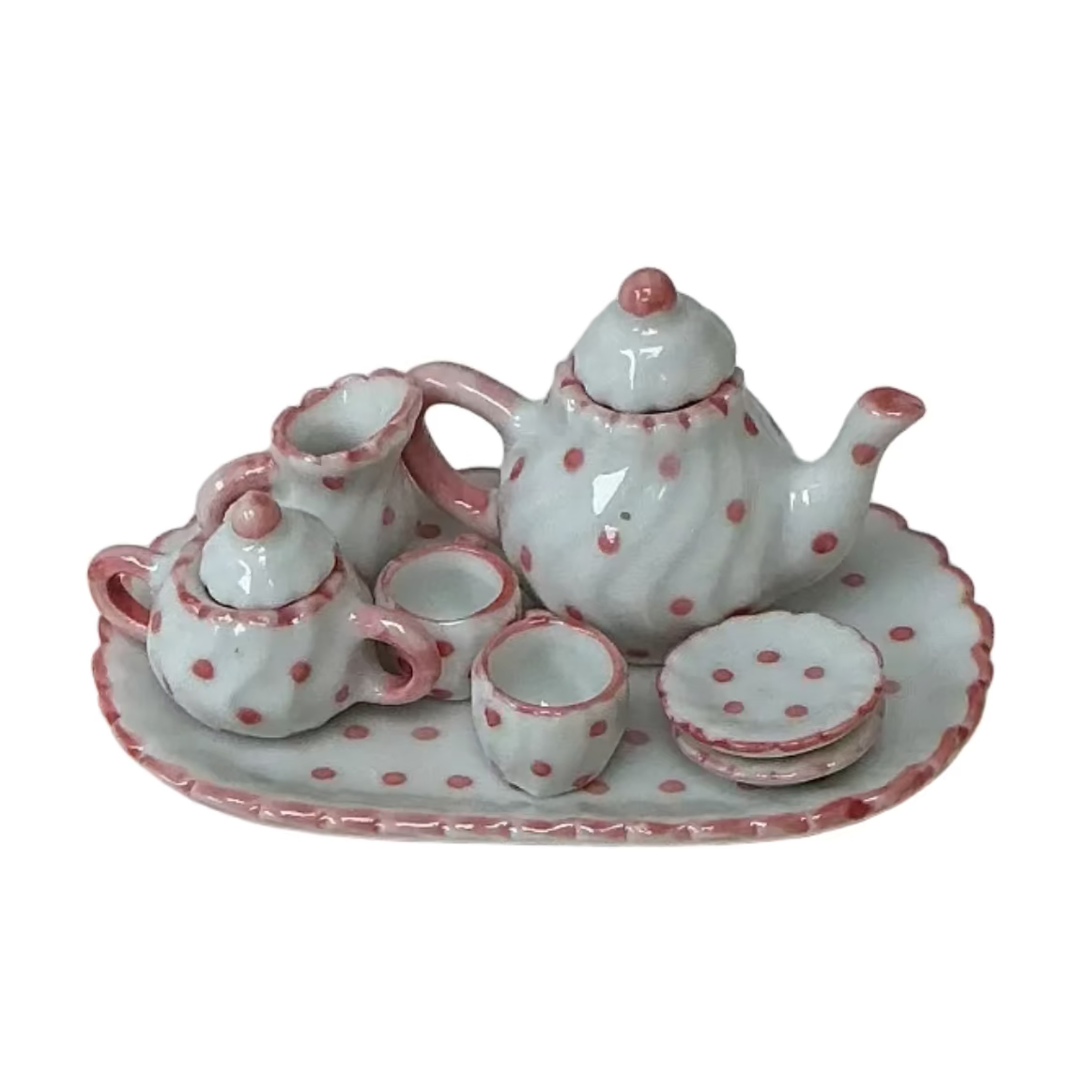 Miniature White and Pink Polka Dot Porcelain Tea Set