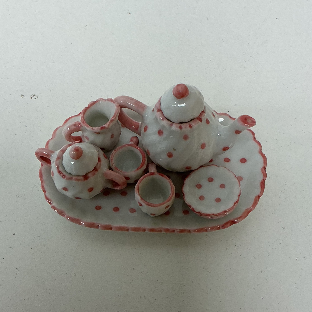 Miniature White and Pink Polka Dot Porcelain Tea Set