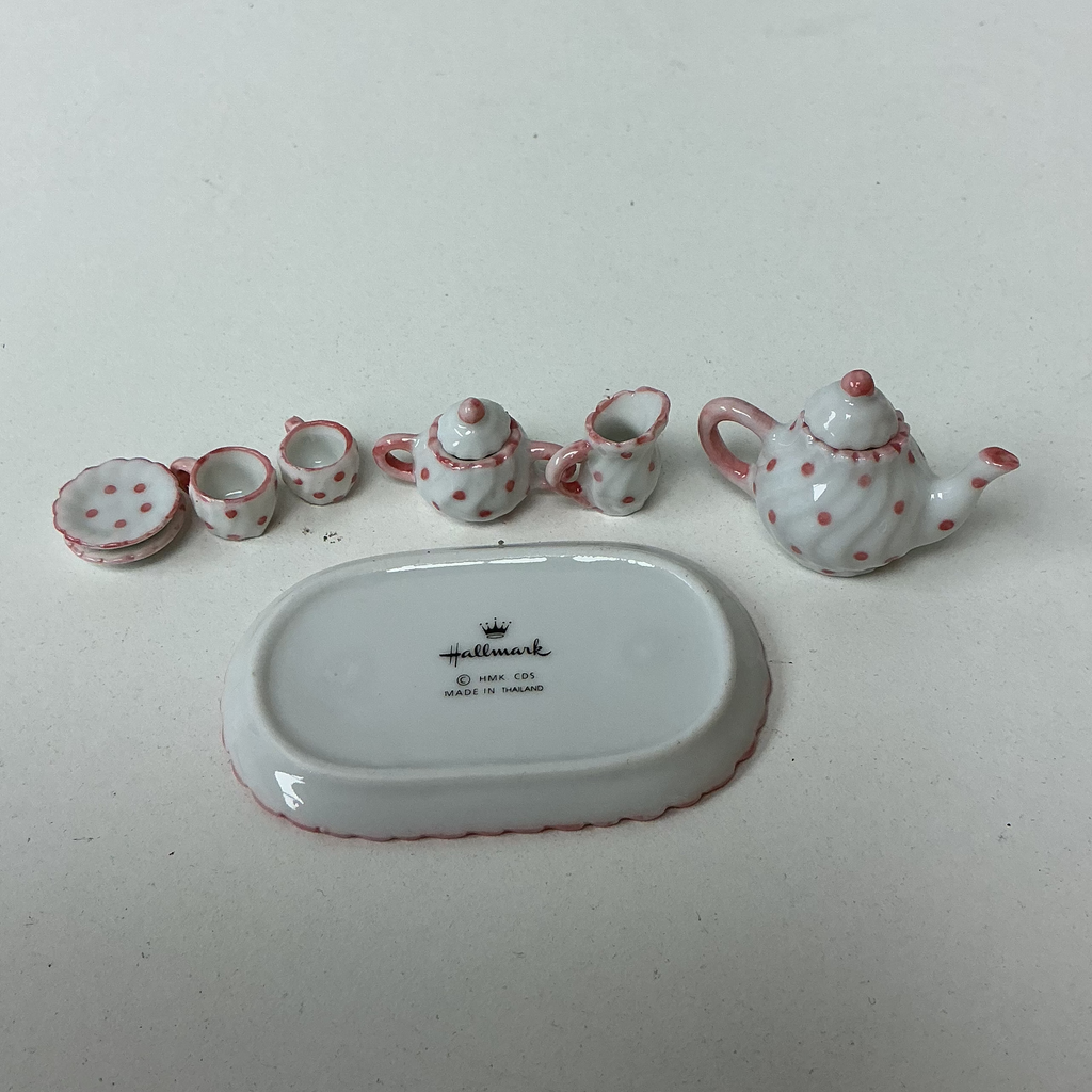 Miniature White and Pink Polka Dot Porcelain Tea Set