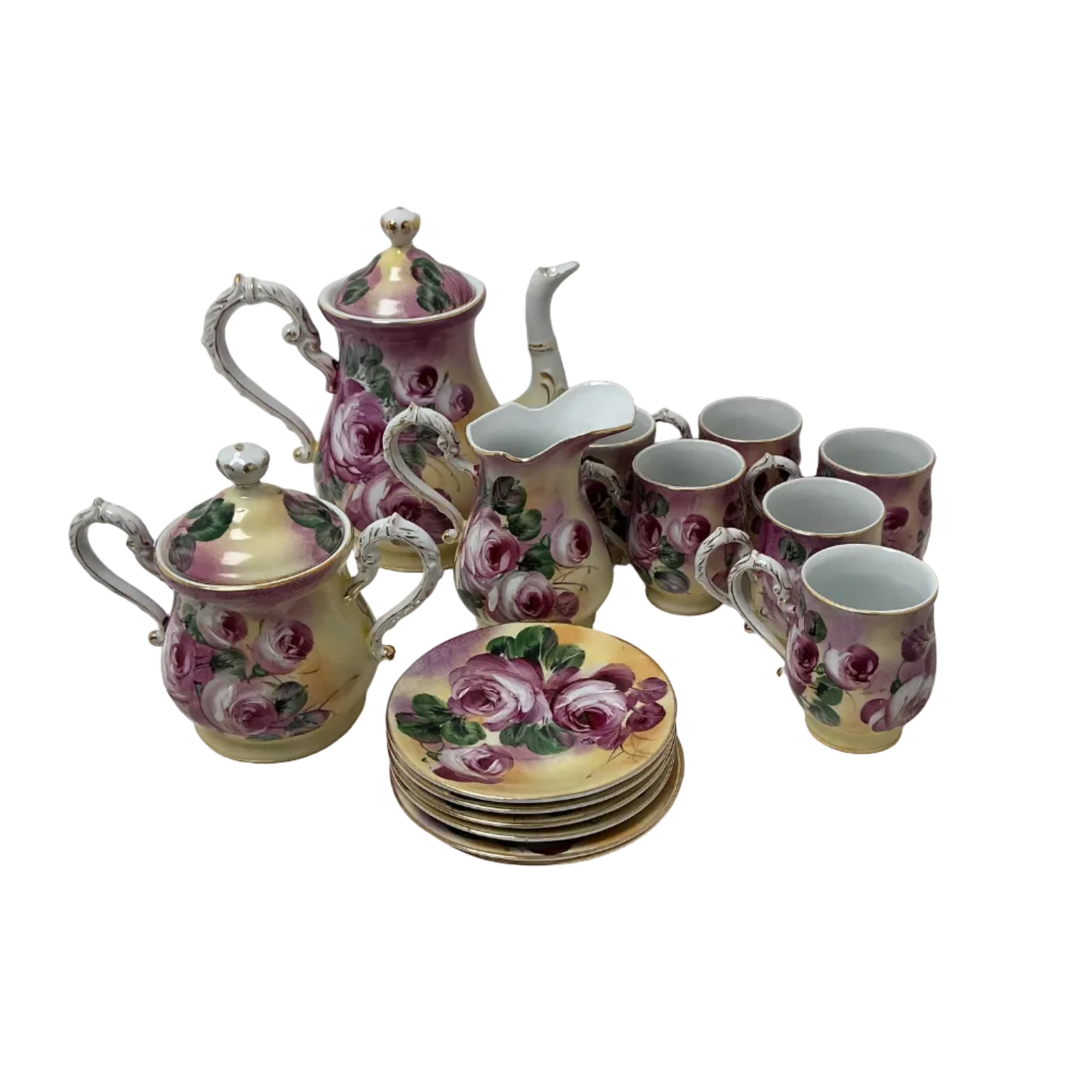 Vintage Porcelain Tea Set with Rose Decoration