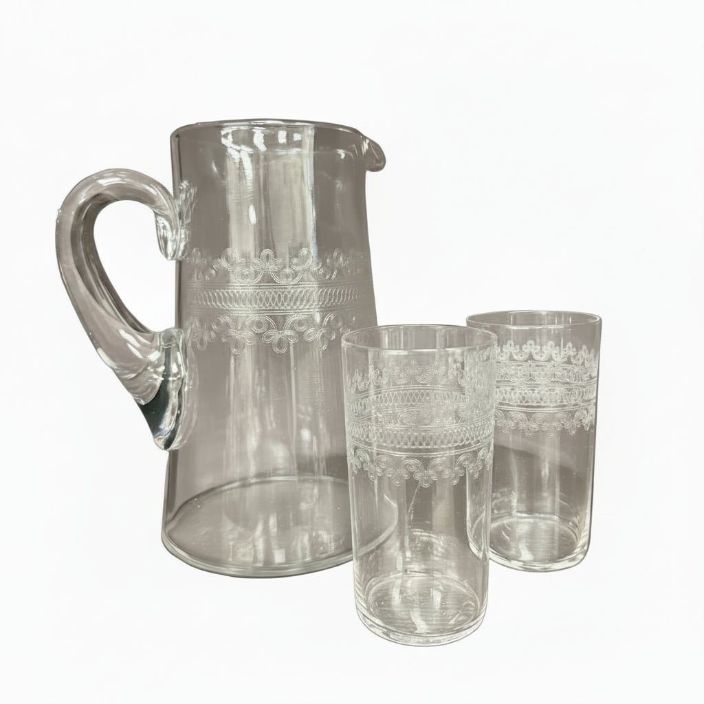 Cloverleaf Fostoria Etched Glass Water Pitcher with Two Matching Glasses