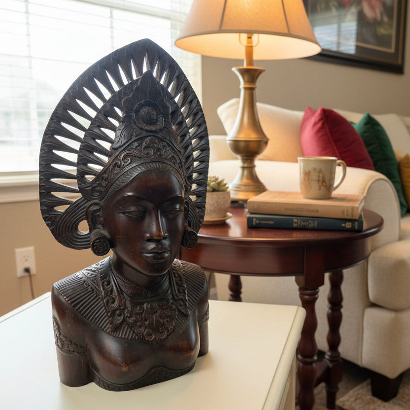 Vintage Indonesian Hand-Carved Wooden Bust
