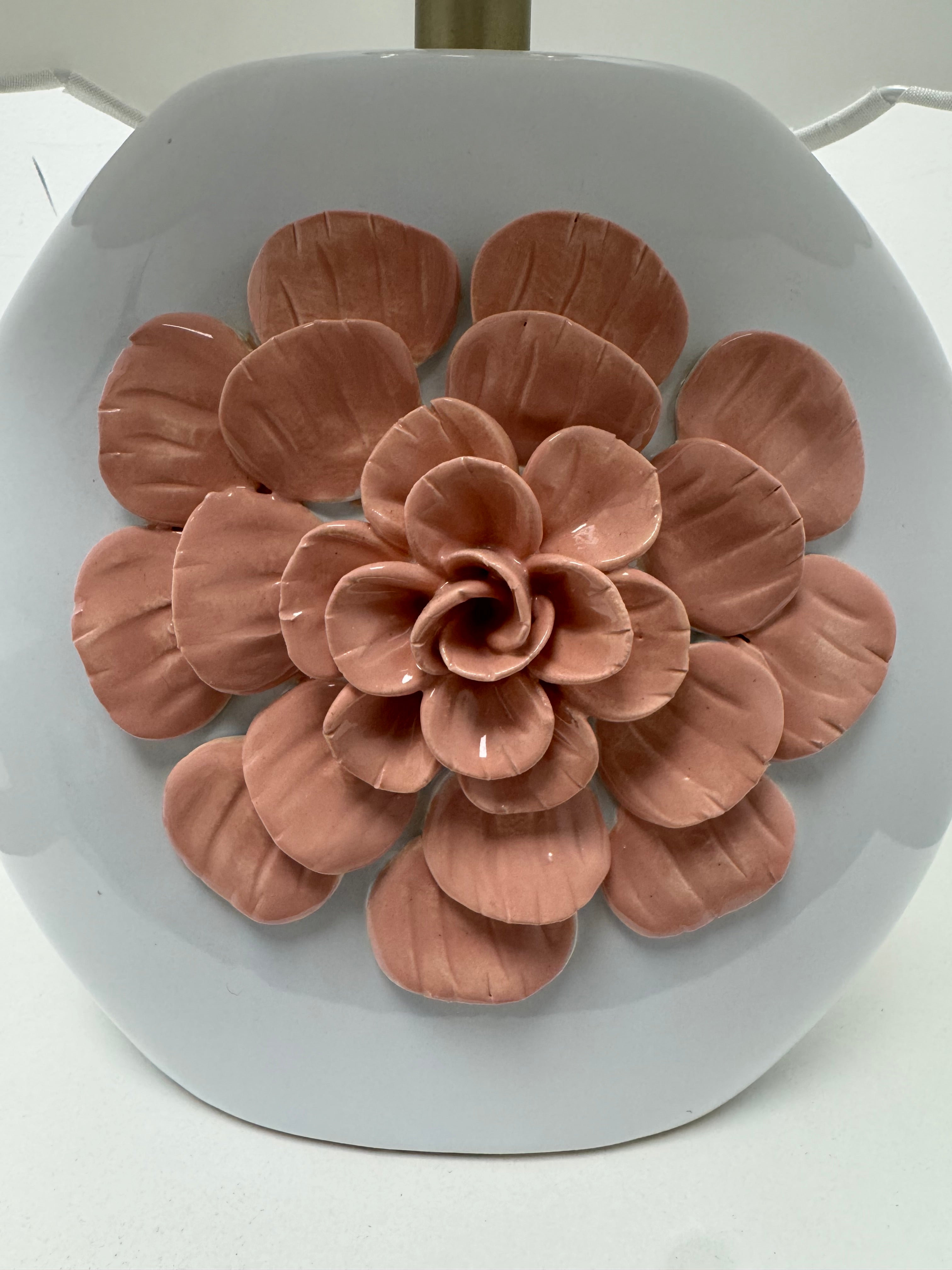 White Ceramic Table Lamp with Pink Flower