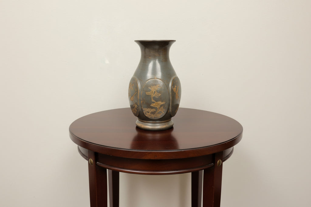 Signed Antique Asian Bronze Etched Bird Vase/Urn