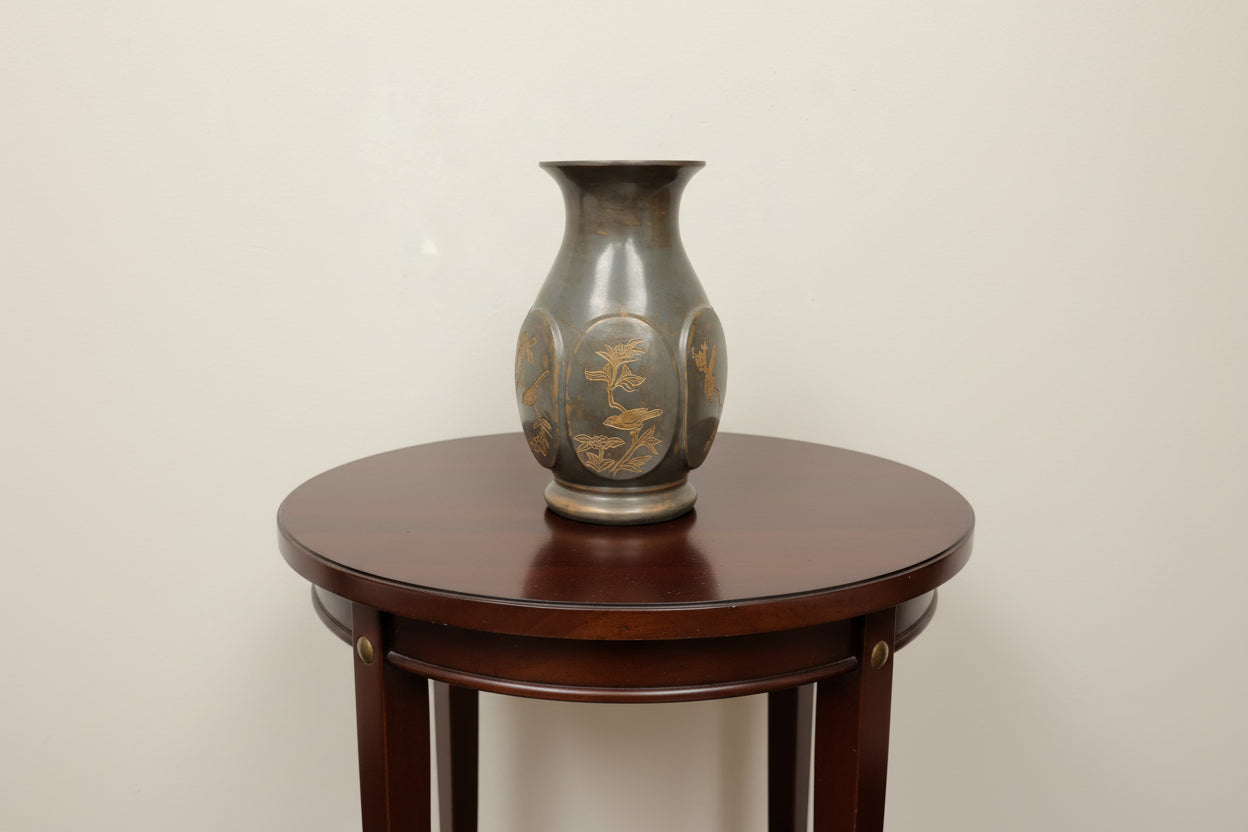 Signed Antique Asian Bronze Etched Bird Vase/Urn