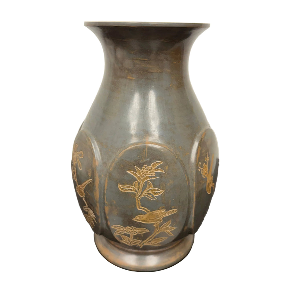 Signed Antique Asian Bronze Etched Bird Vase/Urn