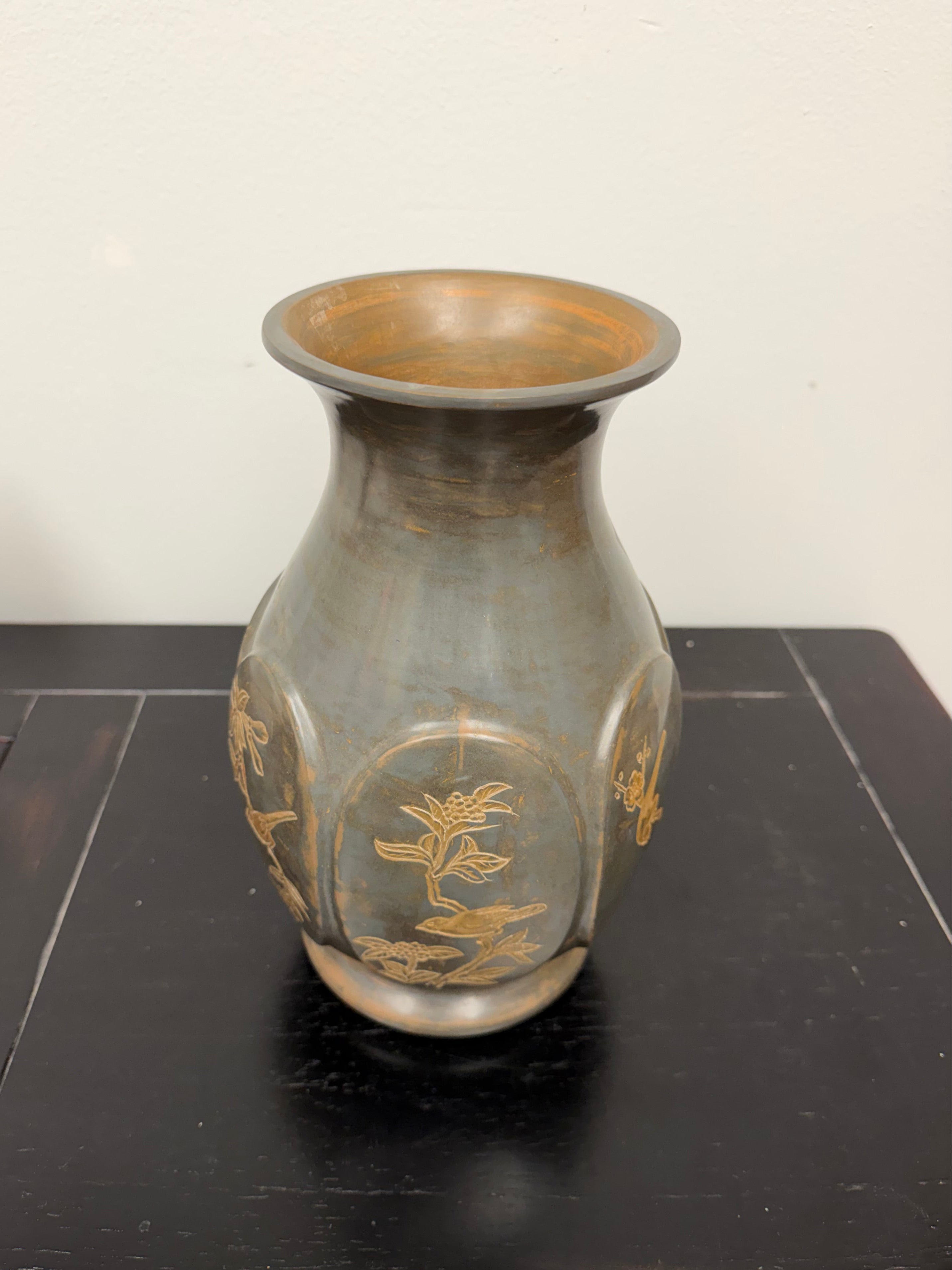 Signed Antique Asian Bronze Etched Bird Vase/Urn